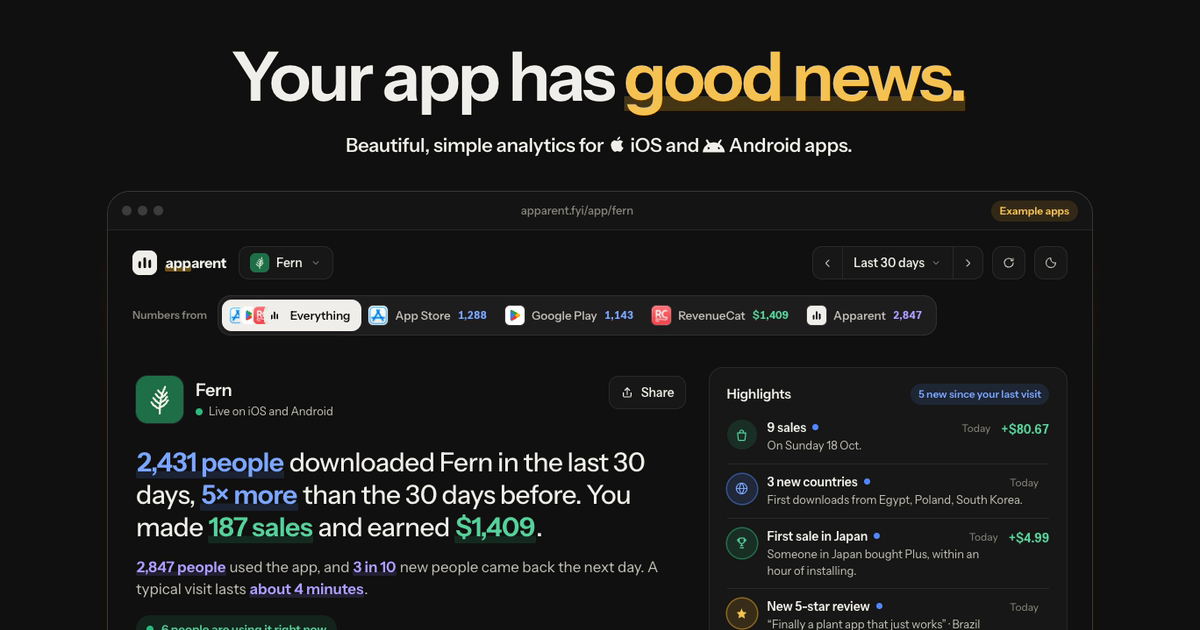 Apparent's page for an example app: a sentence about how it did, the key numbers, and highlights like a first sale in Japan.